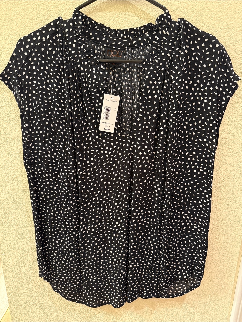 MODA Black Short-Sleeve Ruffle Neck Blouse with White Dot Print